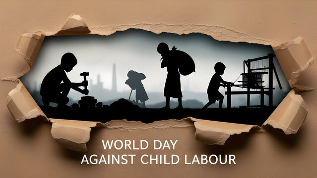 Powerful Torn-Paper Concept Revealing Silhouette of Child Labour Symbolizing Awareness for World Day Against Child Labour, Highlighting Exploitation, Protection, and Global Social Justice