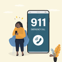 Woman holding phone next to large screen displaying 911 emergency call interface. Girl uses smartphone and calling 911 call for police or ambulance.