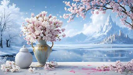 Beautiful bouquet of pink and white spring blossoms in an ornate vase set against a magical winter landscape with snowy mountains and a distant castle