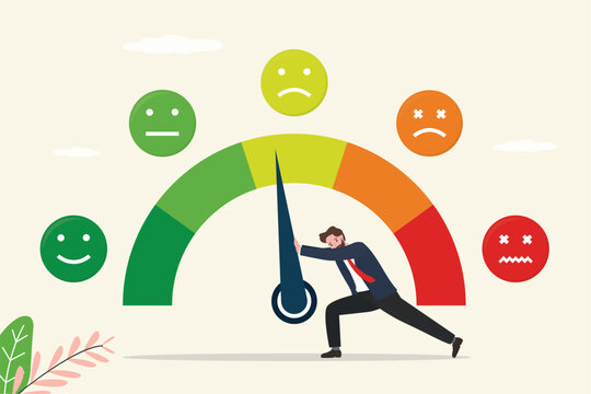 Stress level meter, scale emotions, mood. Unhappy man push arrow and want overcome obstacles, positive thinking change mood. Fight with frustration, stress