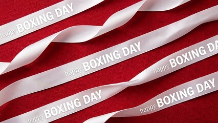 Happy boxing day written on white ribbons against a textured red background, holiday greeting concept
