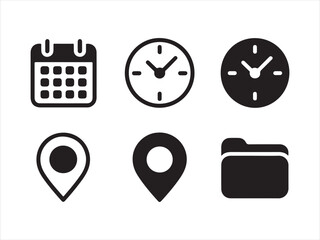 Calendar Clock Location Folder Silhouette Icon Set Vector Illustration