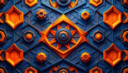 Abstract Geometric Design with Blue Hexagons and Orange Circular Elements pattern background
