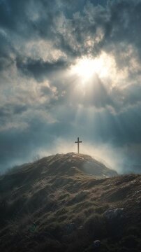 Embracing Faith: A solitary cross stands silhouetted against a dramatic sky, illuminated by ethereal light, conveying a sense of spiritual hope and serenity.