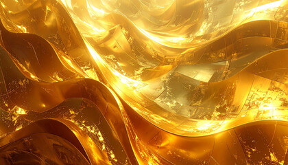Abstract golden waves with textured metallic surface and bright light reflections wavy