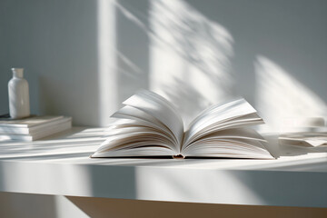 Naklejka premium An open book on a white table. A book of knowledge open in a light room ready to read. Knowledge, reading, science, history, studying, copy space