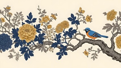 Traditional chinoiserie style wallpaper border featuring a vibrant blue bird perched on a flowering branch with yellow and blue blossoms