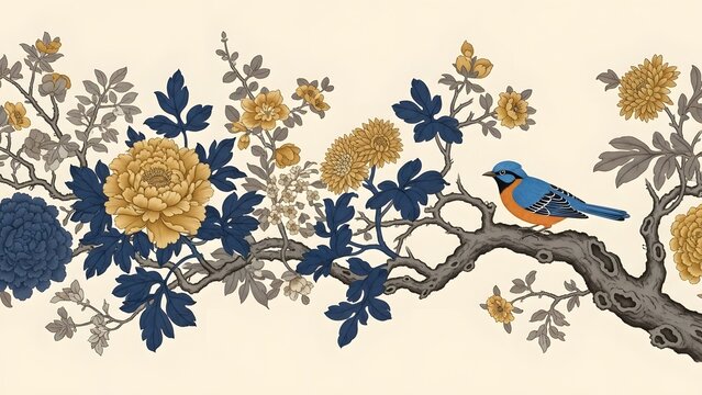 Traditional chinoiserie style wallpaper border featuring a vibrant blue bird perched on a flowering branch with yellow and blue blossoms