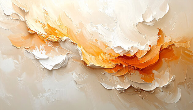 Abstract impasto painting with thick textured strokes of orange and white paint background