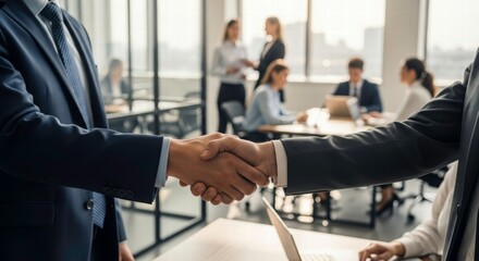 Agreement in the Office: A professional handshake seals a deal in a modern office environment, symbolizing collaboration, trust, and mutual agreement between colleagues.