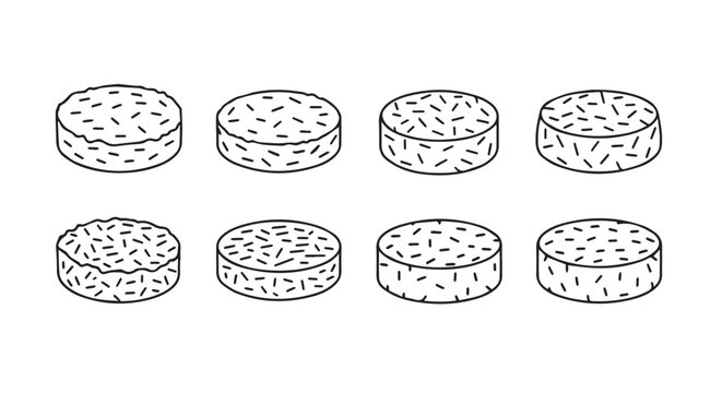 Eight isometric styled line drawing round biscuit cookies isolated on vector