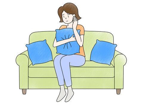 ソファに座って悩んでいる・不安を抱えている女性のイラスト