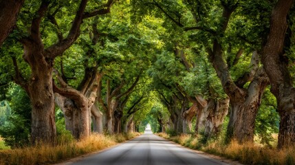 Fototapeta premium Straight road receding into perspective, lined by old green oak trees creating a leafy canopy at daytime