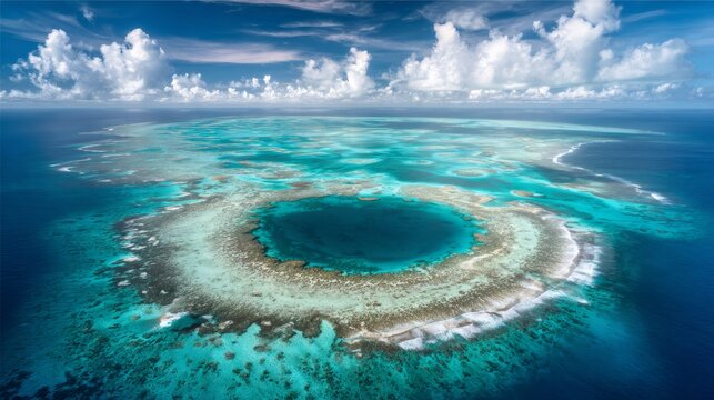 Great Blue Hole in Belize, aerial view of the barrier reef atoll, deep blue sinkhole surrounded by turquoise ocean