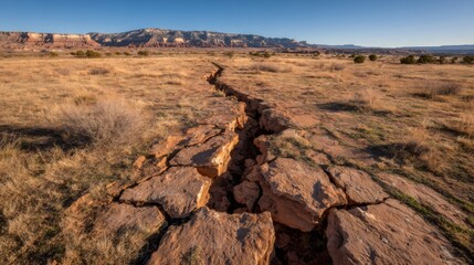Obraz premium Large crack splitting arid desert landscape, dry earth erosion forming a prominent fault line in natural environment