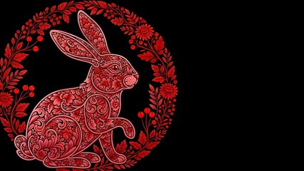 Intricate red ornamental rabbit illustration framed by a floral wreath, symbolizing the chinese zodiac sign for the year of the rabbit on a black background