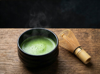 湯気の立つ抹茶と竹製の茶筅の静物写真
