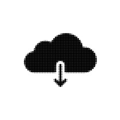 Halftone cloud download icon with dotted texture, minimal black silhouette symbolizing data storage and digital transfer on a clean white background.