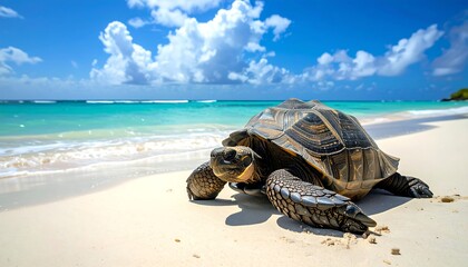 A large tortoise rests on a sunny beach, ocean waves nearby, blue sky above