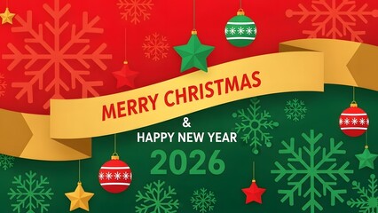 A festive Christmas greeting card and Happy New Year background featuring a golden tree with winter snow, holiday decorations, and a star for a merry December celebration design