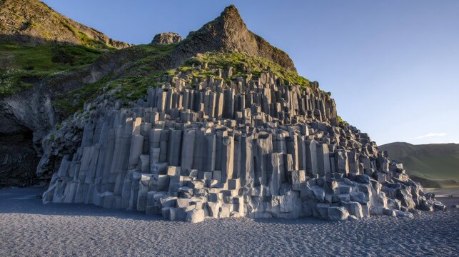 Basalt columns at Reynisfjara black sand beach, naturally forming geometric volcanic rock formations in Iceland