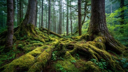 Obraz premium Ancient rainforest floor covered in vibrant green moss and exposed gnarled tree roots creating a lush, serene environment