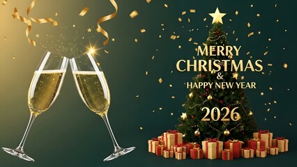 Happy new year celebration vector illustration with a bottle of champagne and a glass of wine to celebrate a party holiday eve or wedding anniversary invitation card decoration