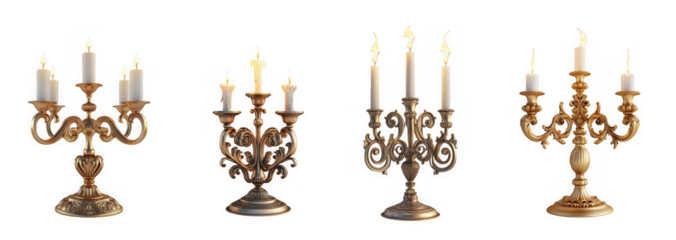 Four ornate antique bronze candelabras with lit white candles, isolated on transparent background