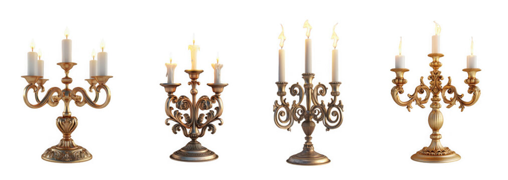 Four ornate antique bronze candelabras with lit white candles, isolated on transparent background