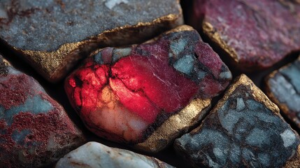 Close up of rough stone collection with dramatic red backlighting highlighting intricate cracks and veins creating a chaotic yet beautiful texture with glittering gold accents on a dark background