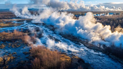 Fototapeta premium Geothermal area in Haukadalur valley, Iceland, with hot springs emitting steam from multiple vents under a sunny sky
