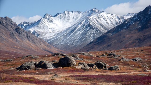 Arctic Alaskan valley landscape showing autumn tundra colors and snow capped mountains under a clear blue sky