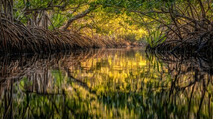 Mangrove forest with dense roots arching over a tranquil canal, reflecting warm golden light on the still water