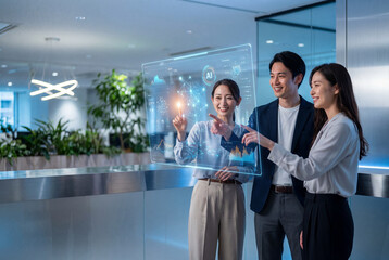 Business Team Analyzing AI Data on Futuristic Holographic Screen