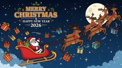Vector illustration of a cartoon Santa Claus with reindeer and sleigh flying through the magic winter night sky with a moon and stars above a snowy house