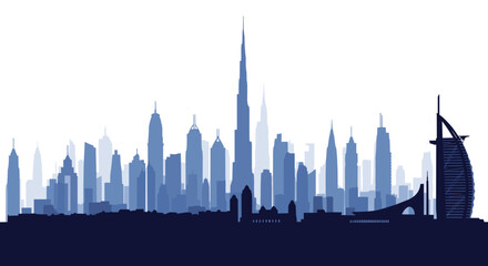 Obraz premium A striking silhouette of the Dubai skyline, featuring iconic skyscrapers like the Burj Khalifa and the Burj Al Arab, rendered in shades of blue.