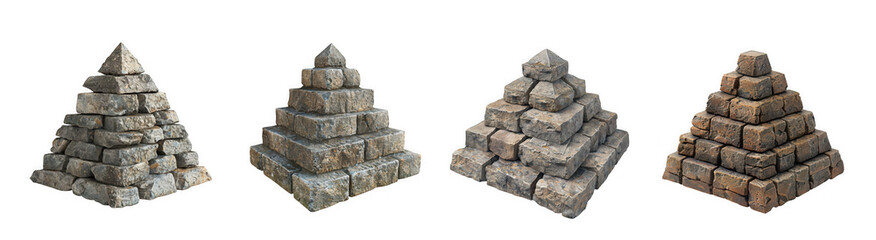 Obraz premium Four stone cairns or rock pyramids of different textures isolated on transparent background