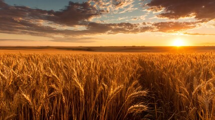 Golden wheat field at sunset, ripened crop growing in agricultural landscape during golden hour preparing for harvest