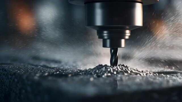 工場内で石材を加工する高精度ミリング機のマクロ撮影