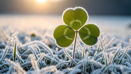 Close up of a single three leaf clover covered in morning frost standing tall in a field of frosty grass during sunrise or sunset light