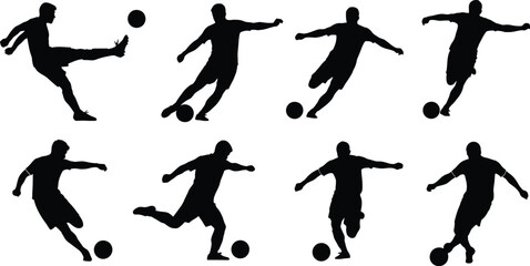 Silhouettes of soccer players in various action poses with a ball