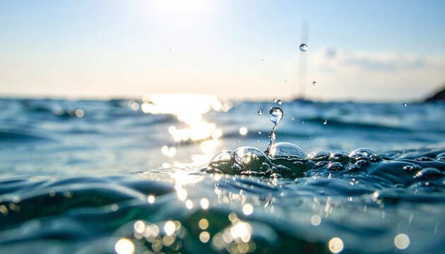 Close up of ocean water surface with sunlit ripples and rising bubbles image photo - Powered by Adobe