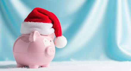 Piggy Bank in Santa Hat for Winter Savings Holiday Budget and Finance Theme Illustration and Festive Concept with Turquoise Background