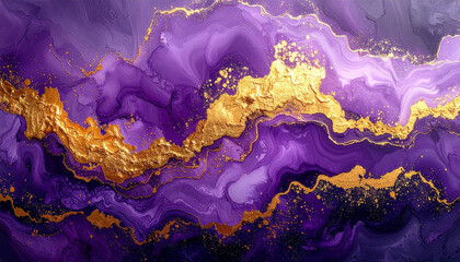 Deep Purple and Gold Fluid Art with Wavy Lines and Scattered Golden Particles abstract
