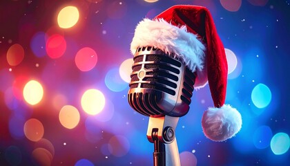 Santa hat on vintage microphone, festive lights in blurred colorful background.