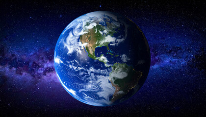 Fototapeta premium Earth in Space with Continents and Clouds Against Nebula Background planet galaxy