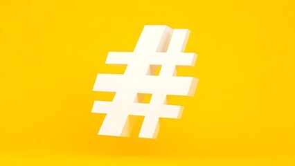 Obraz premium hashtag. A large white geometric hashtag symbol floating against a vibrant yellow background, representing modern marketing concepts. pitch deck slides.