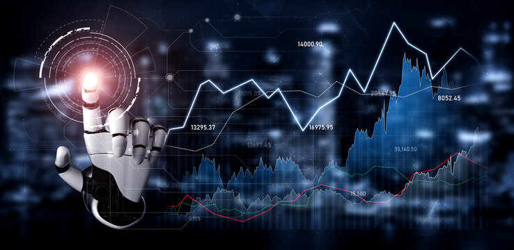 A robotic hand engages with dynamic stock market graphs and data visualizations, representing the intersection of technology and finance in a digital age. Scalp