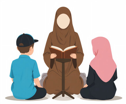An illustration of a Muslim woman teaching two children, a boy and a girl, from an open book on a stand. - Powered by Adobe