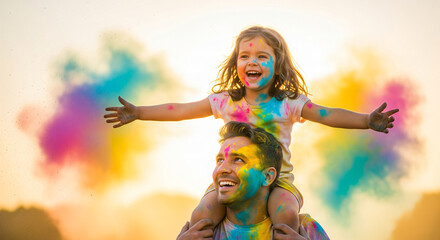 father playing colors with daughter celebrating holi festival
